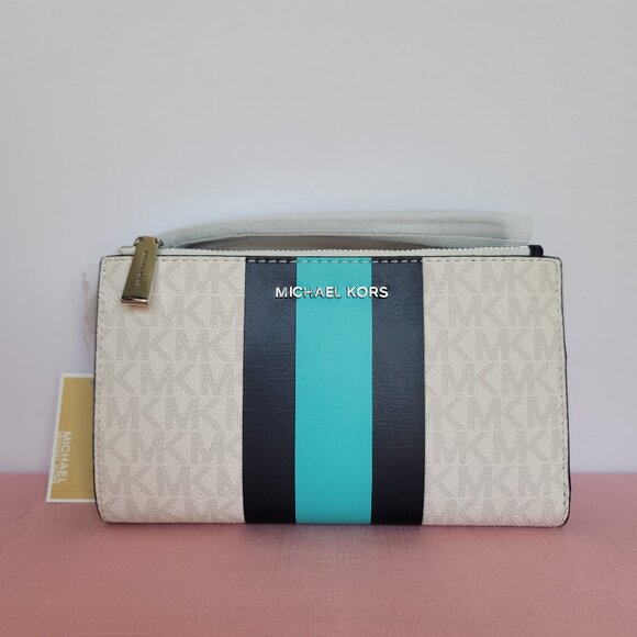 MICHAEL KORS Jet Set Double Zip Signature Phone Wristlet- Ocean Blue Multi 🎈⭐ - Picture 7 of 16
